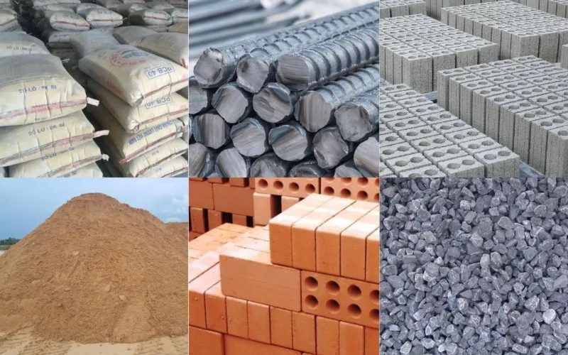 Các loại vật liệu xây dựng: xi măng, thép, gạch, cát, đá